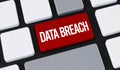 Red data breach button on computer keyboard. Concept of cyber security incident, information theft and hacking Royalty Free Stock Photo