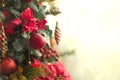 Red decor on a Christmas tree made of apples and poinsettias. Christmas background and frame for new year. Close-up, festive fir t