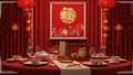 Red decorated dining table with Chinese New Year elements and dinnerware Royalty Free Stock Photo