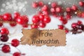 Red Decoration, Snow, Label, Frohe Weihnachten Means Merry Christmas, Snowflakes Royalty Free Stock Photo