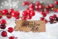 Red Decoration, Snow, Label, Glueckliches 2020 Means Happy 2020, Snowflakes Royalty Free Stock Photo