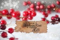 Red Decoration, Snow, Label, Glueckliches 2021 Means Happy 2021, Snowflakes Royalty Free Stock Photo