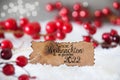 Red Decoration, Snow, Label, Glueckliches 2022 Means Happy 2022, Snowflakes Royalty Free Stock Photo