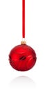 Red decorations Christmas ball hanging on ribbon Isolated Royalty Free Stock Photo