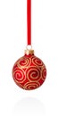 Red decorations Christmas ball hanging on ribbon Isolated on white Royalty Free Stock Photo