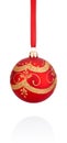 Red decorations Christmas ball hanging on ribbon Royalty Free Stock Photo