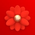 Red decorative flower. Abstract chamomile, daisy flower. Realistic 3d design decoration element in matte plastic. Icon isolated on