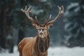 red deer on forest background with snow falling, Generated AI Royalty Free Stock Photo