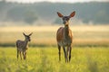 Red deer hind with calf walking at sunset. Royalty Free Stock Photo