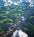 Red deer river in Alberta Canada.Fields of canola and other agronomic crops