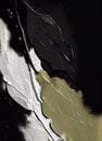 A Closeup Painting of a Leaf in Programmable Black Goo..An Abstract Painting of Splotches in Golden and Silver..A