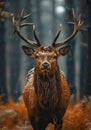 Red deer stag with big horns in the forest during autumn rain Royalty Free Stock Photo