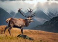 Red deer stag in dramatic mountain landscape. Generative AI Royalty Free Stock Photo