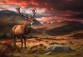 Red Deer Stag in Dramatic Mountain Landscape at Sunset