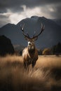 Red deer stag with large antlers standing in high grass with mountains in background Royalty Free Stock Photo