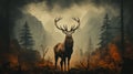 Red deer stag silhouette in the mist. Silhouette of a red deer stag in the mist. generative ai Royalty Free Stock Photo
