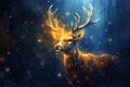 Red deer stag in the winter night forest. Noble deer male. Banner with beautiful animal and magic lights.