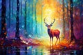 Red Deer Standing in Autumn Fall Forest Painting