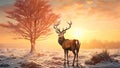 Red deer in winter landscape with trees at sunset. 3d render, Red Deer Cervus elaphus in Winter at Sunrise, AI Generated