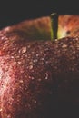 Red delicious apple macro photo with water drops, dark moody photo. Abstract fruit background