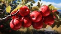 Red delicious apples hanging on The tree ,AI generated