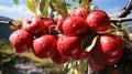 Red delicious apples hanging on The tree ,AI generated