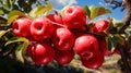 Red delicious apples hanging on The tree ,AI generated