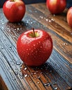 Red delicious apples with water droplets on beautiful wooden table