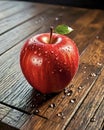 Red delicious apples with water droplets on beautiful wooden table