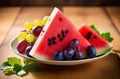 Red, delicious sliced watermelon on an outdoor table. Royalty Free Stock Photo