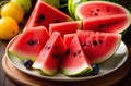 Red, delicious sliced watermelon on an outdoor table. Royalty Free Stock Photo