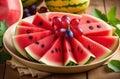 Red, delicious sliced watermelon on an outdoor table. Royalty Free Stock Photo