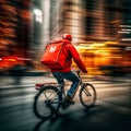 Red delivery service man on bicycle speeding by urban street