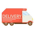 Red delivery truck side view with cargo vehicle branding. Transport and logistics service concept. Fast shipment and Royalty Free Stock Photo