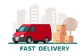 Red delivery van with cardboard boxes with fragile signs. Royalty Free Stock Photo