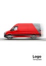 Red delivery van with a dynamic motion blur effect, giving the illusion of speed. The van has a Royalty Free Stock Photo