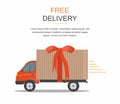 Red delivery van with ribbon on white background. Product goods shipping transport. Free service truck Royalty Free Stock Photo