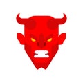 Red demon face. Horned Satan muzzle. Devil with horns head. Asmodeus vector illustration. Beelzebub lord of darkness. Lucifer