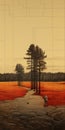 Man Walking In A Field Of Trees: A Perspective Rendering In Light Red And Dark Bronze