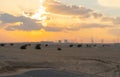 Red Desert Safari and and high voltage metal post in the industrial estate. Electricity tower in power energy concept in Dubai Royalty Free Stock Photo