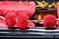 Red details of gondola, Venice, Italy