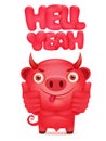 Red devil cartoon emoticon character with hell yeah title