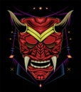 red oni mask, devil face illustration. head of red demon. japanese demon mask