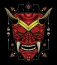 Red devil face illustration. head of red demon. japanese demon mask