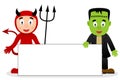 Red Devil & Frankenstein with Blank Banner Royalty Free Stock Photo