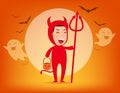 Red devil. Halloween costume concept, Cute red demon, Kid in Halloween celebration