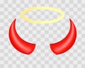 Red devil horns and angel halo on transparent checkered background. Vector illustration. Royalty Free Stock Photo