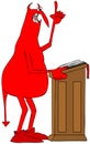 Red devil standing at a pulpit