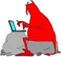 Red devil typing on a laptop computer