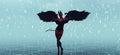 Red Devil Woman Fallen Angel with Horns Black Wings in Black Flexing Muscles Standing in Water and Floating White Crosses Royalty Free Stock Photo